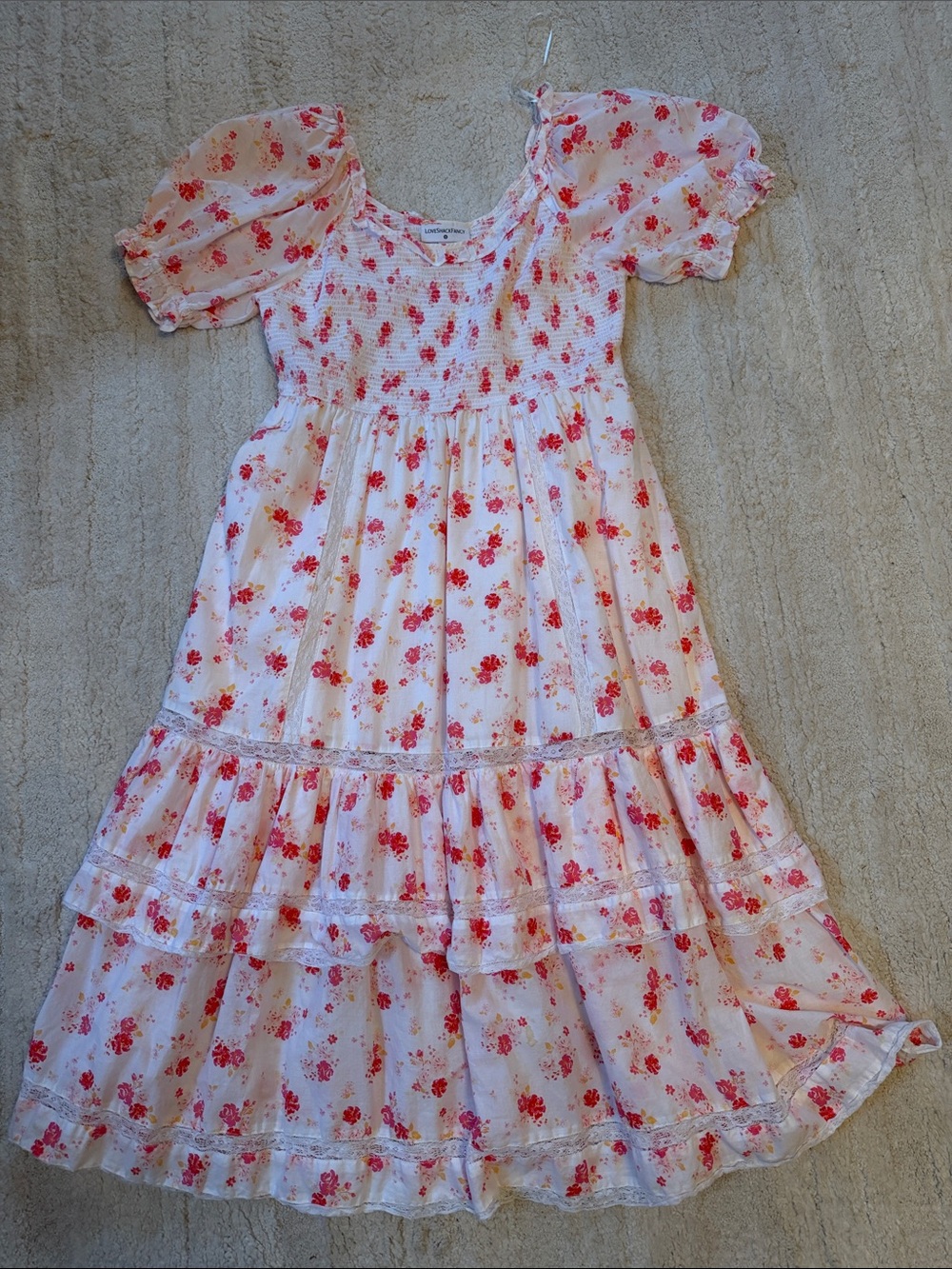 LoveShackFancy White Floral Smocked Puff Sleeve Dress for Kids